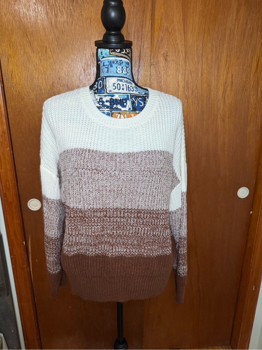 SHEIN Cream and Brown Striped Crewneck Acrylic Sweater, Women’s Small
